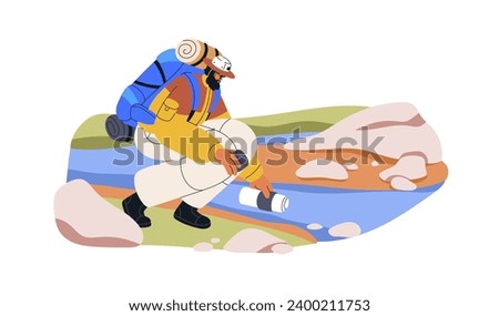 Hiker backpacker with bottle taking clean water to drink from clear stream, river in nature. Camper travel, survival. Tourist hiking. Flat graphic vector illustration isolated on white background