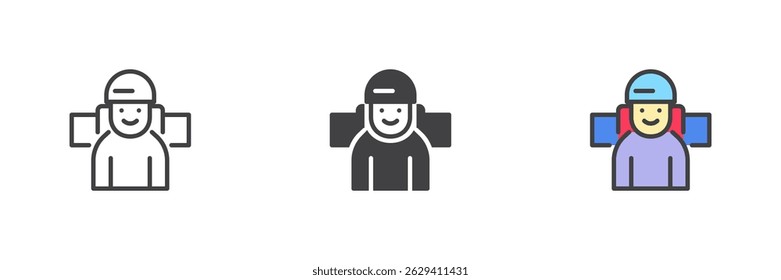 Hiker or backpacker different style icon set. Line, glyph and filled outline colorful version, outline and filled vector sign. Symbol, logo illustration. Vector graphics