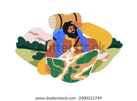 Hiker backpacker with map. Lost tourist in nature, searching, looking for direction, route. Man explorer trekking. Nature adventure. Flat graphic vector illustration isolated on white background