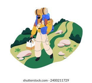 Hiker backpacker walking with bags in nature. Camper carrying backpack in adventure. Man trekking, hiking with tourists equipment, outfit. Flat graphic vector illustration isolated on white background