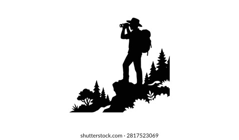 Hiker With Binoculars And Backpack Black Silhouette