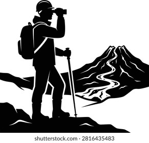 Hiker with binoculars, mountain view, volcano, exploration, travel.