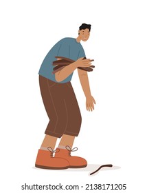 Hiker boy collect dry branches for a fire vector illustration. Boy traveler collect brushwood isolated on a white background. Helping and teamwork in the wild concept