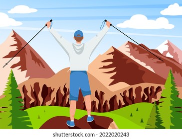 Hiker boy with mountains, green pine trees, blue sky, white clouds on background, template for autumn hiking and camping concept. Flat vector illustration.