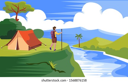 hiker camping in wild nature vector illustration