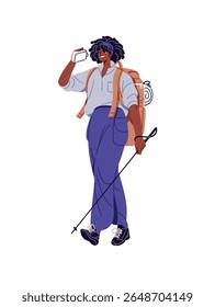 Hiker carries backpack, drink water from flask on the go. Tourist with knapsack and trekking poles walks in nature. Woman with bottle is hiking, travel. Flat isolated vector illustration on white