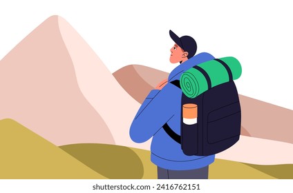 Senderismo con equipo de senderismo. Hombre atrevido mochilero caminando en montaña, explorador mirando el paisaje. La gente viaja en mochila. Estilo de vida activo. Ilustración vectorial aislada plana en blanco