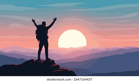 A Hiker Celebrates a Majestic Sunrise atop a Mountain Peak