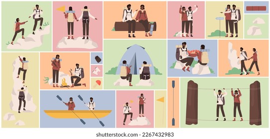 Hiker characters trekking, man and woman travelers climbing mountains, standing with flag on peak in geometric collage background. Adventures of lost tourists set vector illustration.
