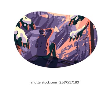 Hiker climbed on cliff and looking at sunrise, sunset above mountains. Calm tourist is in winter travel back view. Snow nature, rock landscape. Flat isolated vector illustration on white background