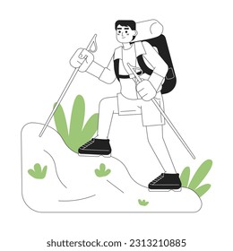 Hiker climber with trekking poles concept hero image. Outdoor recreation. 2D cartoon outline character on white. Nature walking isolated black white illustration. Vector art for web design ui