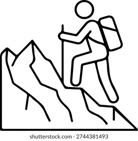 Hiker Climbing Mountain with Backpack and Pole Icon- A minimalist line art icon of a person with a backpack and a walking pole ascending a steep mountain peak.