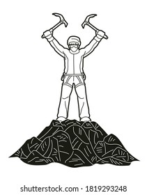Hiker climbing mountain hiking cartoon graphic vector