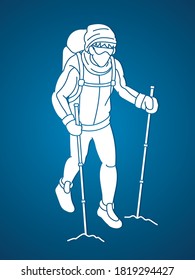 Hiker climbing mountain hiking cartoon graphic vector