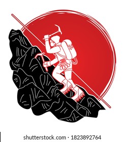 Hiker climbing mountain hiking cartoon graphic vector