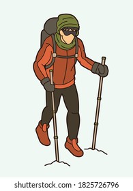 Hiker climbing mountain hiking cartoon graphic vector