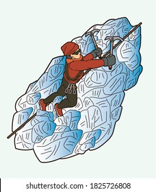 Hiker climbing mountain hiking cartoon graphic vector