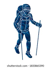 Hiker climbing mountain hiking cartoon graphic vector