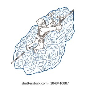 Hiker climbing mountain hiking cartoon graphic vector