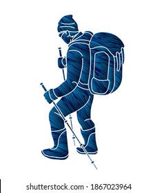 Hiker climbing mountain hiking cartoon graphic vector