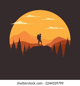 Hiker climbing mountain on sunset illustration