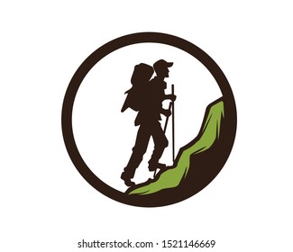 Hiker Climbs a Mountain in a Circle Frame Illustration