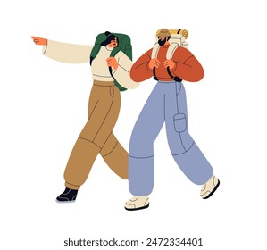 Hiker couple hiking. Tourists walking with backpacks. Campers in trekking adventure, travel. Man and woman backpackers going, exploring. Flat vector illustration isolated on white background