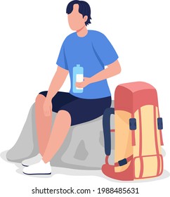 Hiker drinking water semi flat color vector character. Tourist figure. Full body person on white. Outdoor activity isolated modern cartoon style illustration for graphic design and animation