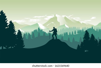 Hiker enjoying landscape with mountains