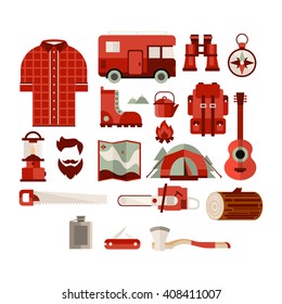 Hiker Equipment Objects. Collection Of Flat Cartoon Style Isolated Vector Icons On White Background
