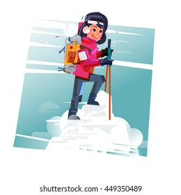 Hiker female with backpack on top of snow mountain. hiking. successful concept. character design - vector illustration