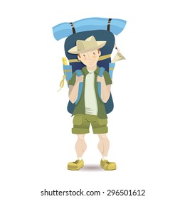 Hiker. Happy strong athletic tourist man with a big blue backpack, mat and map. Wearing safari hat, trekking boots and khaki clothes . Vector cartoon illustration.
