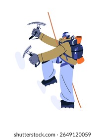 Caminhante no capacete está subindo no topo da montanha da neve. Alpinista com corda de segurança, eixo de gelo montanhismo. Alpinista com mochila está caminhando em rocha no inverno. Ilustração de vetor isolado plano em branco