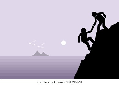 Hiker helping a friend climbing up on a rocky dangerous cliff at mountain by pulling him up with hand. Artwork depict friendship support, teamwork, partnership, faith, and trust.