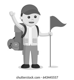 hiker holding flag black and white style