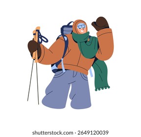 Hiker holds trekking pole, greeting. Skier are climbing on the top of snow mountain. Person travels in nature in winter. Hiking man says hello. Flat isolated vector illustration on white background