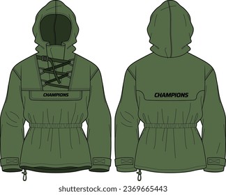 Hiker Hoodie jacket design flat sketch Illustration, Hiking Hooded utility jacket with front and back view, winter jacket for Men and women. for running, outerwear and workout in winter