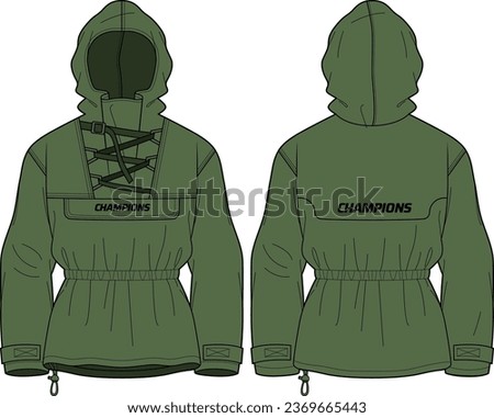 Hiker Hoodie jacket design flat sketch Illustration, Hiking Hooded utility jacket with front and back view, winter jacket for Men and women. for running, outerwear and workout in winter