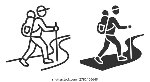 hiker icon set with backpack and walking stick outdoor activity on transparent background