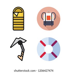 hiker icon set. vector set about sleeping bag, backpack, climbing and help icons set.