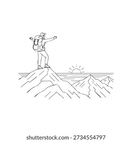 Hiker with a large backpack stands triumphantly on a mountain peak with arms outstretched overlooking a sunrise over distant peaks and water.	
Submitted 1 