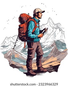 hiker looking at map to explore mountain