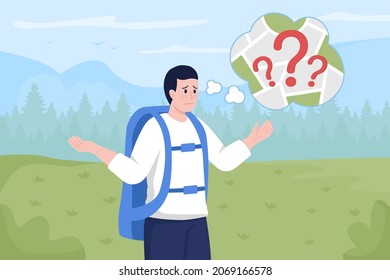 Hiker lost in woods flat color vector illustration. Dangerous circumstance. Traveler in survival situation. Being lost outdoors 2D cartoon character with forest landscape on background