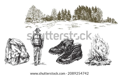 Hiker man with backpack in forest.