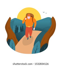 Hiker Man with Backpack Towards Top of Mountain Flat Design Illustration