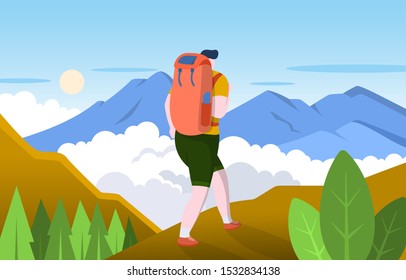 Hiker Man Backpack Towards Top Mountain Stock Vector (Royalty Free ...