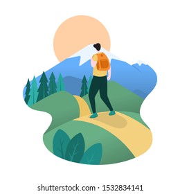 Hiker Man with Backpack Towards Top of Mountain Flat Design Illustration