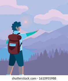 Hiker man with bag and landscape design, Walker excursionist rambler tripper tourist travel trip tourism and journey theme Vector illustration