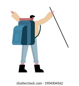 Hiker Man Cartoon With Bag And Stick Backwards Design, Explorer Walker Excursionist Tripper Tourist And Travel Theme Vector Illustration