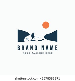 Hiker Man crossing nature river outdoor adventure logo design concept. Vector illustration